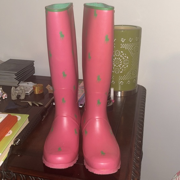 *RARE* Polo Ralph Lauren Pink Rain Boots Green Polo Horse Logo Size 8 - Picture 4 of 4